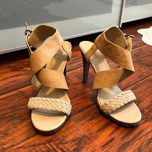 Levity Leather Tory Braided Crossover Sandal Heels Beige 8.5